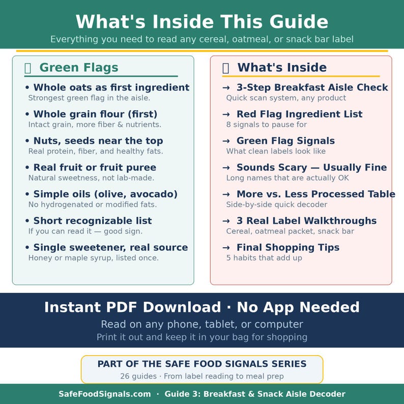 May include: Informational guide titled "What's Inside This Guide" with sections on "Green Flags" and "What's Inside." The guide provides tips for reading cereal, oatmeal, and snack bar labels. Includes a "3-Step Breakfast Aisle Check" and "Red Flag Ingredient List."