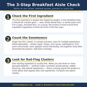 May include: Informative graphic titled "The 3-Step Breakfast Aisle Check" with steps to evaluate breakfast foods. The steps include checking the first ingredient, counting sweeteners, and looking for red-flag clusters. The graphic is on a dark blue background.