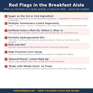 May include: Informative graphic titled "Red Flags in the Breakfast Aisle." It lists ingredients to avoid in cereals, granola, and snack bars, such as sugar, artificial colors, and high-fructose corn syrup. The graphic is on a dark blue background.