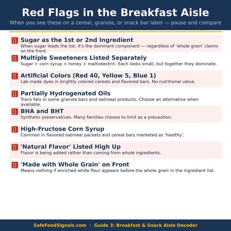 May include: Informative graphic titled "Red Flags in the Breakfast Aisle." It lists ingredients to avoid in cereals, granola, and snack bars, such as sugar, artificial colors, and high-fructose corn syrup. The graphic is on a dark blue background.