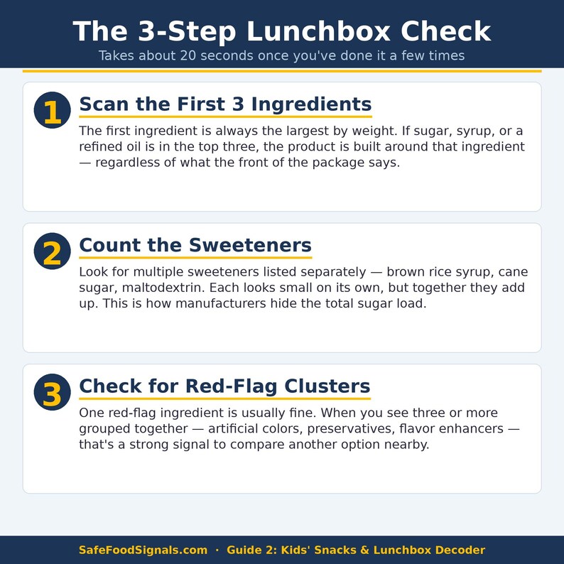 May include: Informative graphic titled "The 3-Step Lunchbox Check" with steps to analyze food labels. Steps include scanning ingredients, counting sweeteners, and checking for red-flag clusters. The guide is from SafeFoodSignals.com.