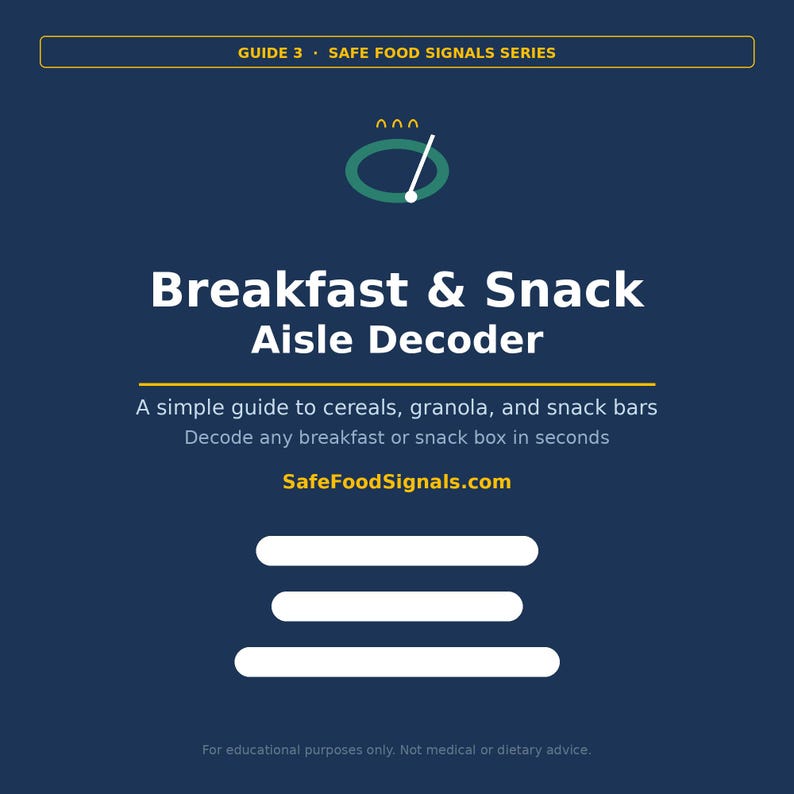 May include: A navy blue graphic with the text "Breakfast & Snack Aisle Decoder" and "Safe Food Signals Series." The guide provides information on cereals, granola, and snack bars. The website SafeFoodSignals.com is also displayed.