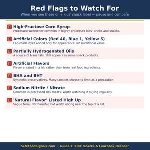 May include: Informative graphic titled "Red Flags to Watch For" with a dark blue background. It lists ingredients to avoid in kids' snacks, including high-fructose corn syrup, artificial colors, and partially hydrogenated oils.