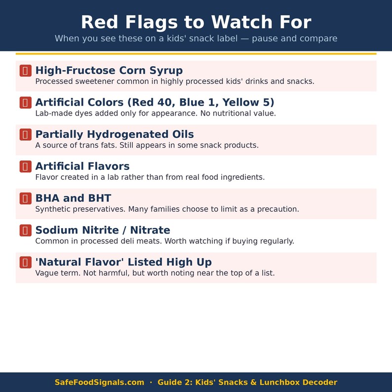May include: Informative graphic titled "Red Flags to Watch For" with a dark blue background. It lists ingredients to avoid in kids' snacks, including high-fructose corn syrup, artificial colors, and partially hydrogenated oils.