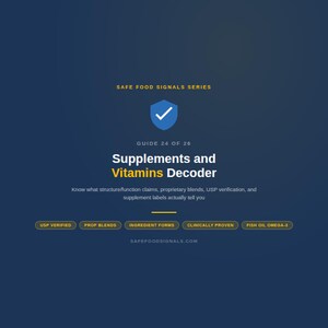 May include: A dark blue graphic with the text "SAFE FOOD SIGNALS SERIES" and "GUIDE 24 OF 26". The title reads "Supplements and Vitamins Decoder". Additional text explains supplement labels. Keywords: USP Verified, Prop Blends, Ingredient Forms, Clinically Proven, Fish Oil Omega-3.