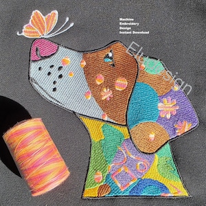 Disegno astratto per ricamo a forma di cane e farfalla, file per macchina con cucciolo patchwork colorato (download immediato)