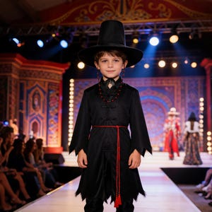 K-Pop Demon Hunters Clergyman Costume, Black Robe Hat, Jagged Flame Hem, Red Tassel Necklace