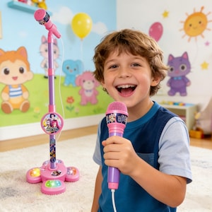 Puede incluir: Un juego de micrófono y soporte de juguete rosa y morado. El micrófono tiene una cabeza rosa y un mango morado. El soporte tiene una base redonda con luces y un soporte para micrófono. El juego está diseñado para niños.