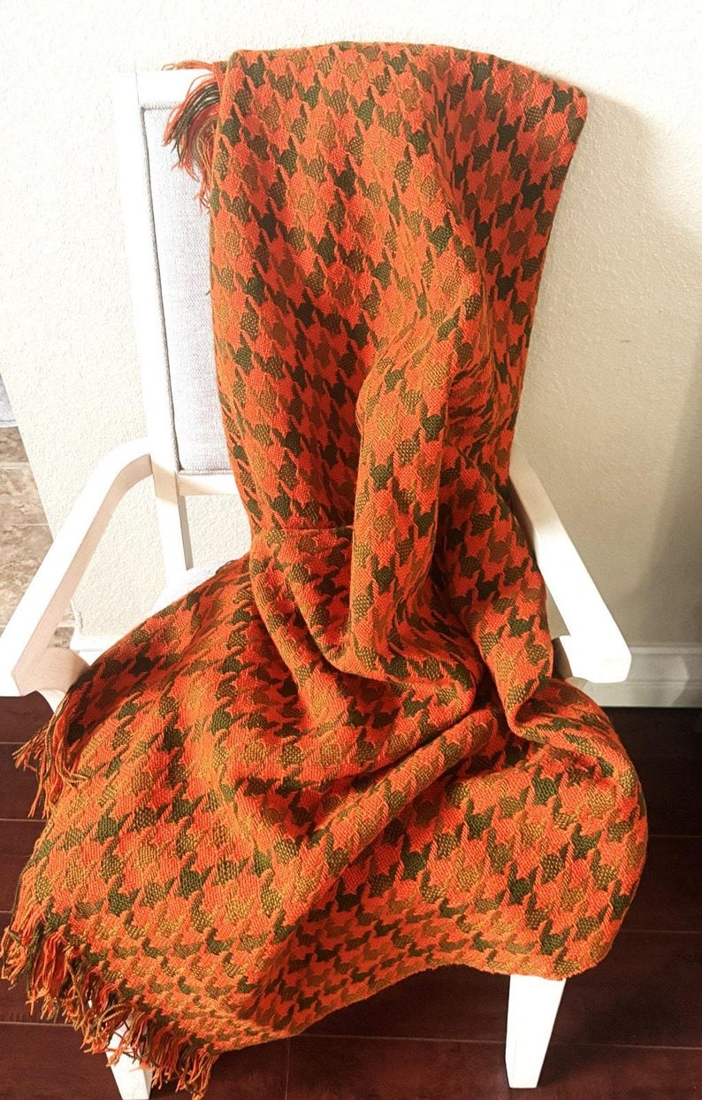 Vintage Pendleton Wool Blanket: Orange Brown Houndstooth Throw, 100% Virgin Wool MCM Cabin Decor image 2