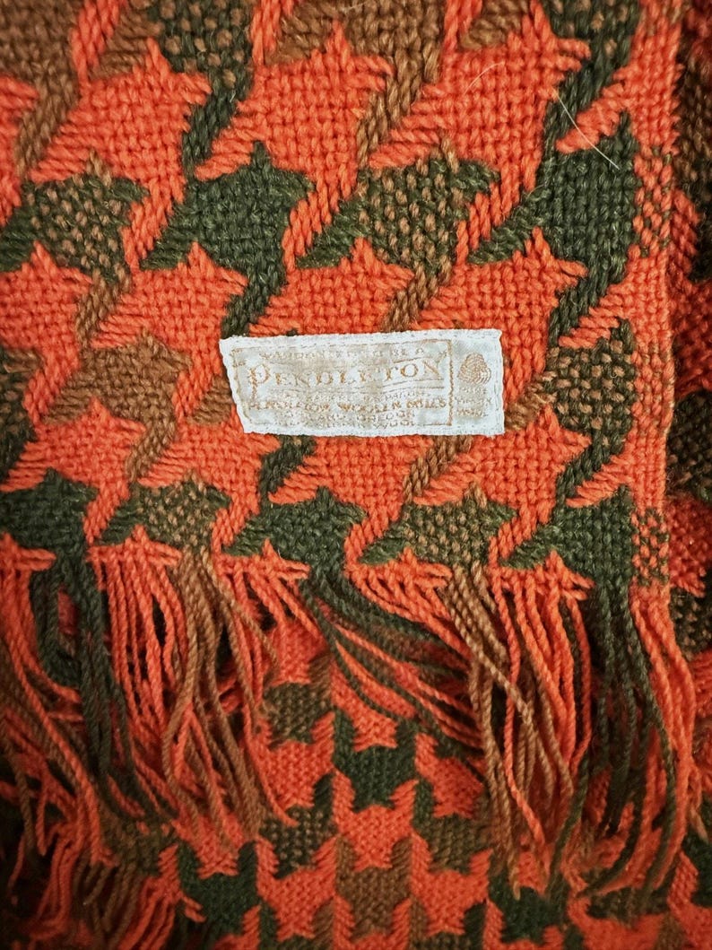 Vintage Pendleton Wool Blanket: Orange Brown Houndstooth Throw, 100% Virgin Wool MCM Cabin Decor image 5