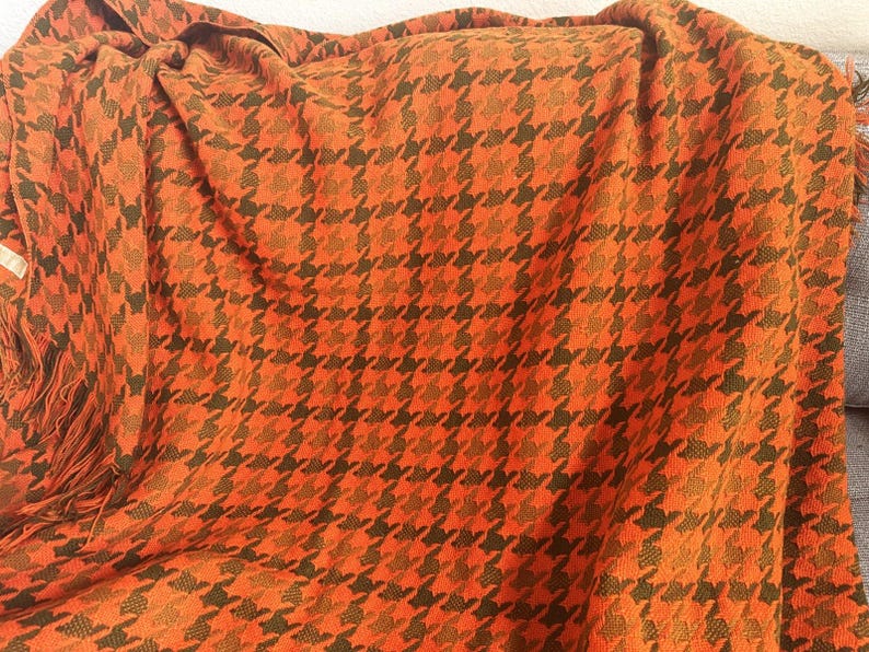 Vintage Pendleton Wool Blanket: Orange Brown Houndstooth Throw, 100% Virgin Wool MCM Cabin Decor image 7