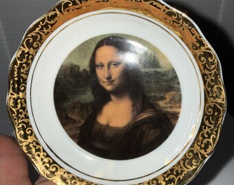 Mini plato de porcelana Limoges France Mona Lisa de 11,4 cm con borde dorado, pieza de coleccionista vintage.