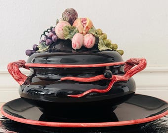 Vintage Black Ceramic Soup Tureen with Fruit Lid & Underplate – Italian Majolica Style