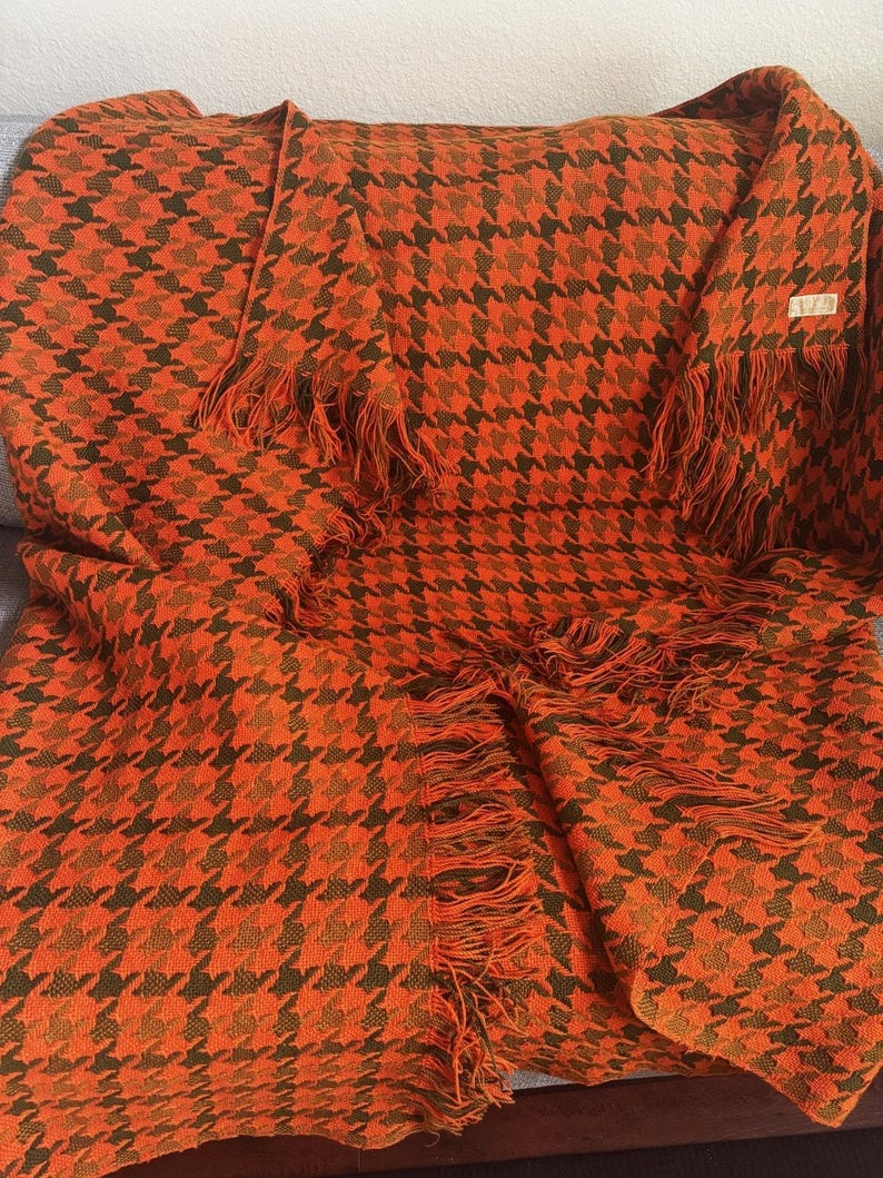 Vintage Pendleton Wool Blanket: Orange Brown Houndstooth Throw, 100% Virgin Wool MCM Cabin Decor image 6