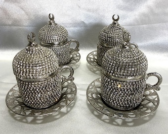 Juego de tazas de café estilo otomano turco, tazas de espresso con diamantes de imitación plateados y platillos.