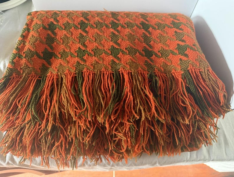 Vintage Pendleton Wool Blanket: Orange Brown Houndstooth Throw, 100% Virgin Wool MCM Cabin Decor image 4