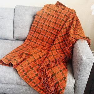 Vintage Pendleton Wool Blanket: Orange Brown Houndstooth Throw, 100% Virgin Wool MCM Cabin Decor image 1