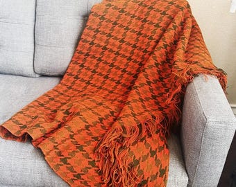 Vintage Pendleton Wool Blanket: Orange Brown Houndstooth Throw, 100% Virgin Wool MCM Cabin Decor