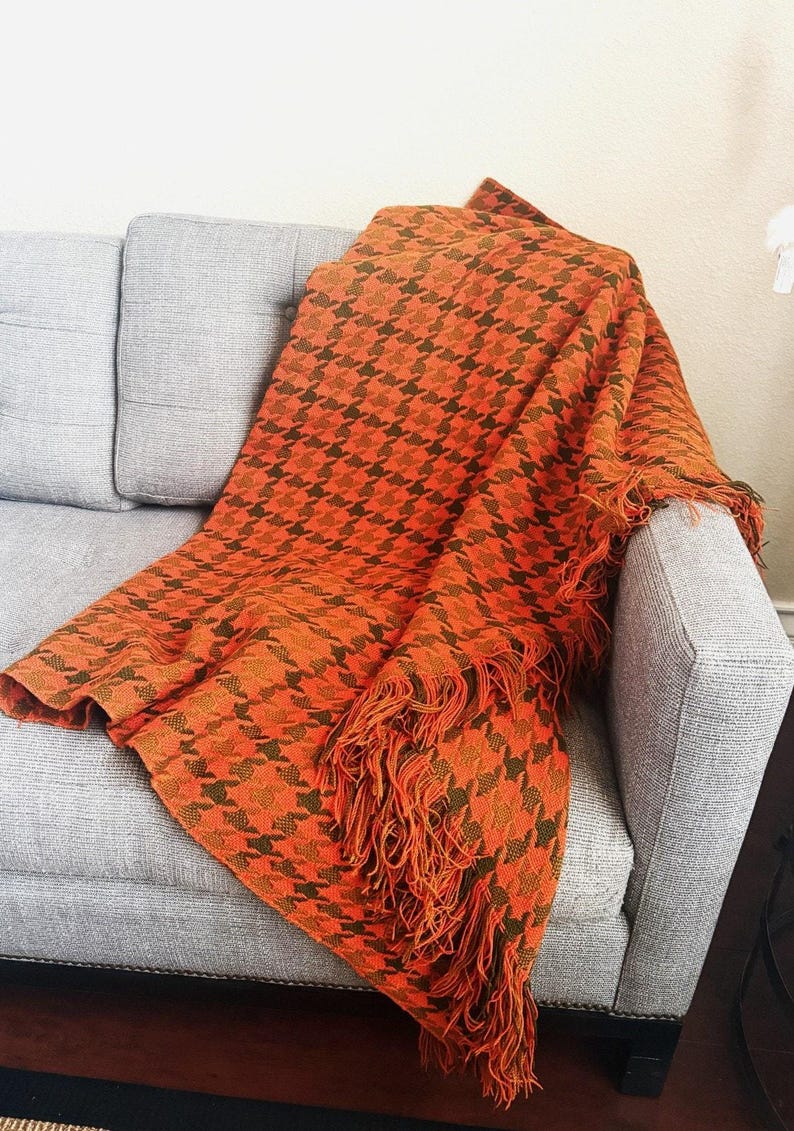 Vintage Pendleton Wool Blanket: Orange Brown Houndstooth Throw, 100% Virgin Wool MCM Cabin Decor image 1