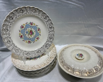 Plato llano y cuenco para verduras de porcelana American Limoges Lyric con detalles en oro de 22 quilates.