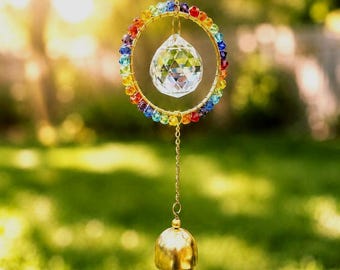 Rainbow Crystal Suncatcher with Bell, Boho Window Hanging Decor, Forget-Me-Not Keepsake, Pet Loss Gift
