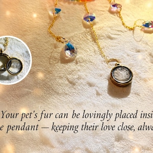 May include: A gold-toned locket pendant on a delicate chain featuring iridescent crystal accents. The circular locket has a clear center and is shown in a circular inset. Text reads: Your pet's fur can be lovingly placed inside the pendant &mdash; keeping their love close, always.