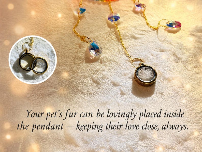 May include: A gold-toned locket pendant on a delicate chain featuring iridescent crystal accents. The circular locket has a clear center and is shown in a circular inset. Text reads: Your pet's fur can be lovingly placed inside the pendant &mdash; keeping their love close, always.