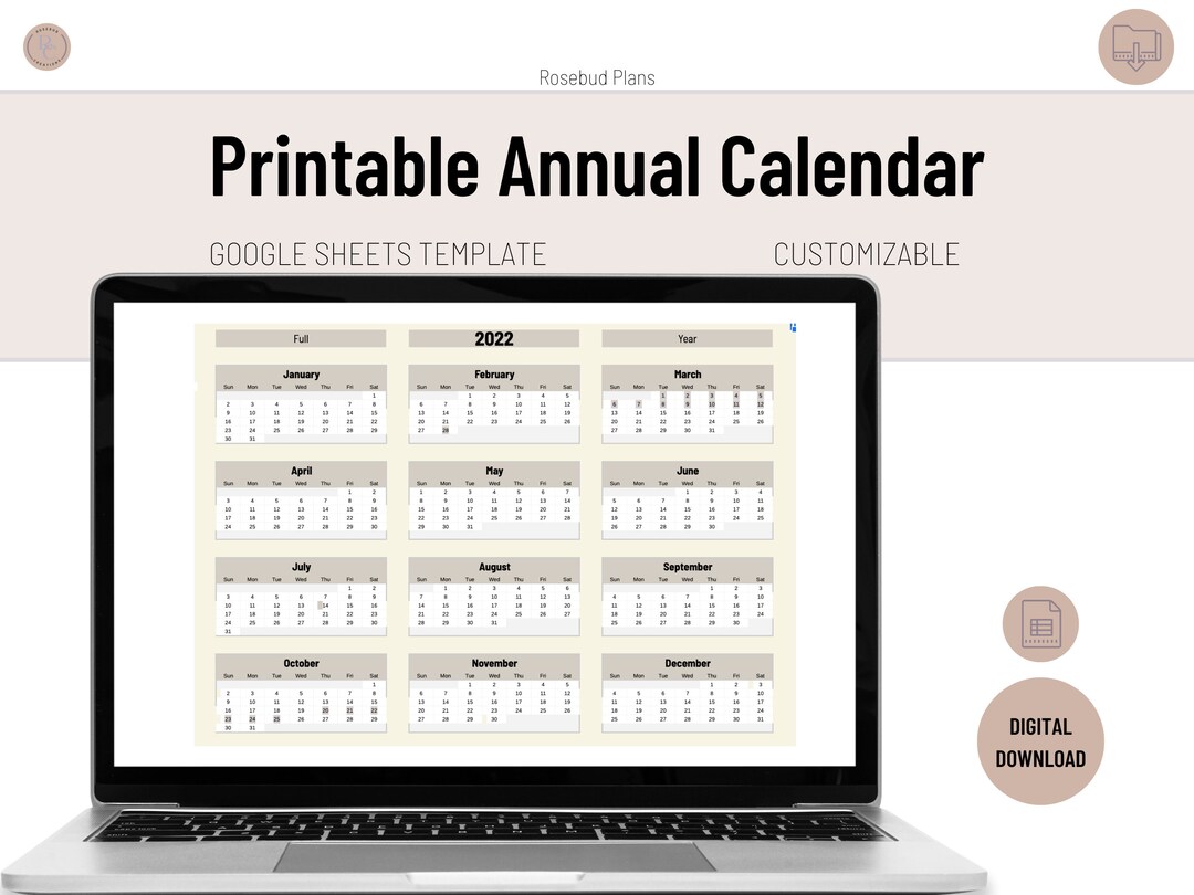 Annual Calendar Template Google Sheets Template Printable Calendar - Etsy