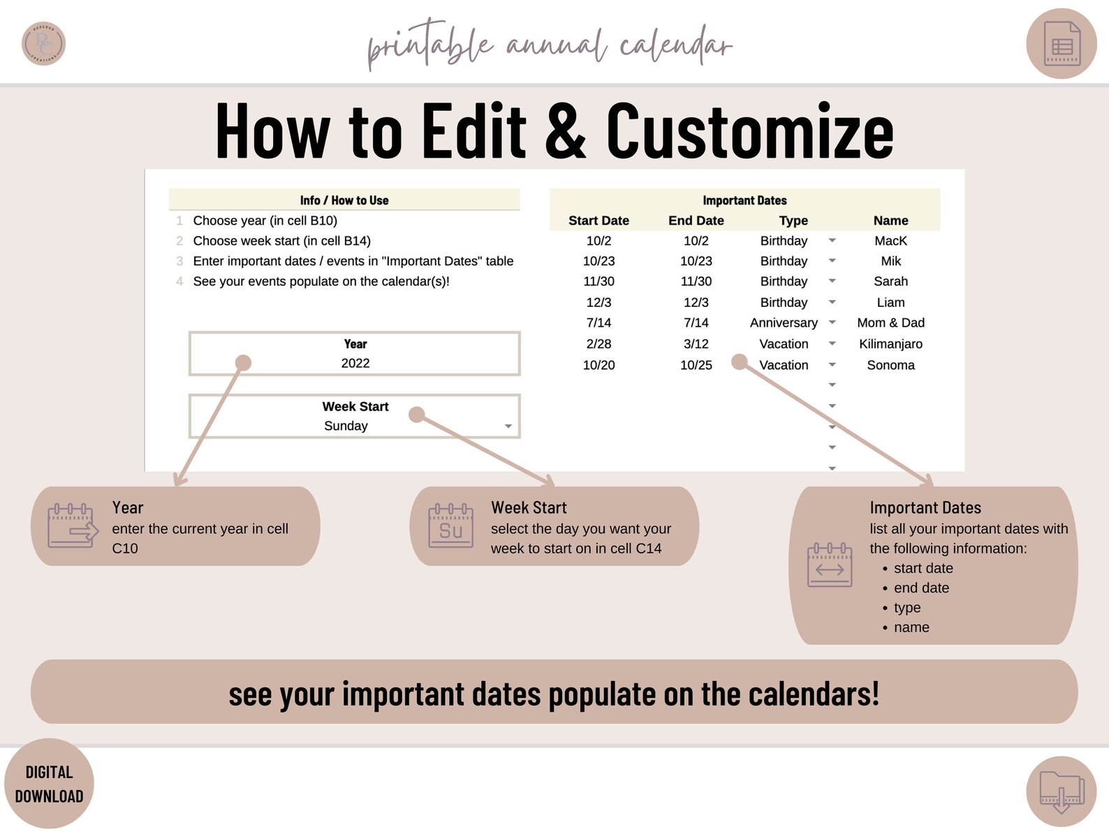 Annual Calendar Template Google Sheets Template Printable Calendar - Etsy