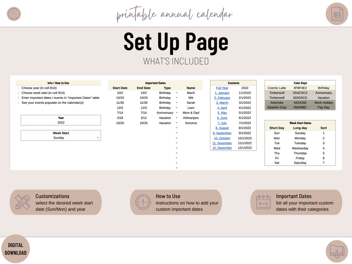 Annual Calendar Template Google Sheets Template Printable Etsy
