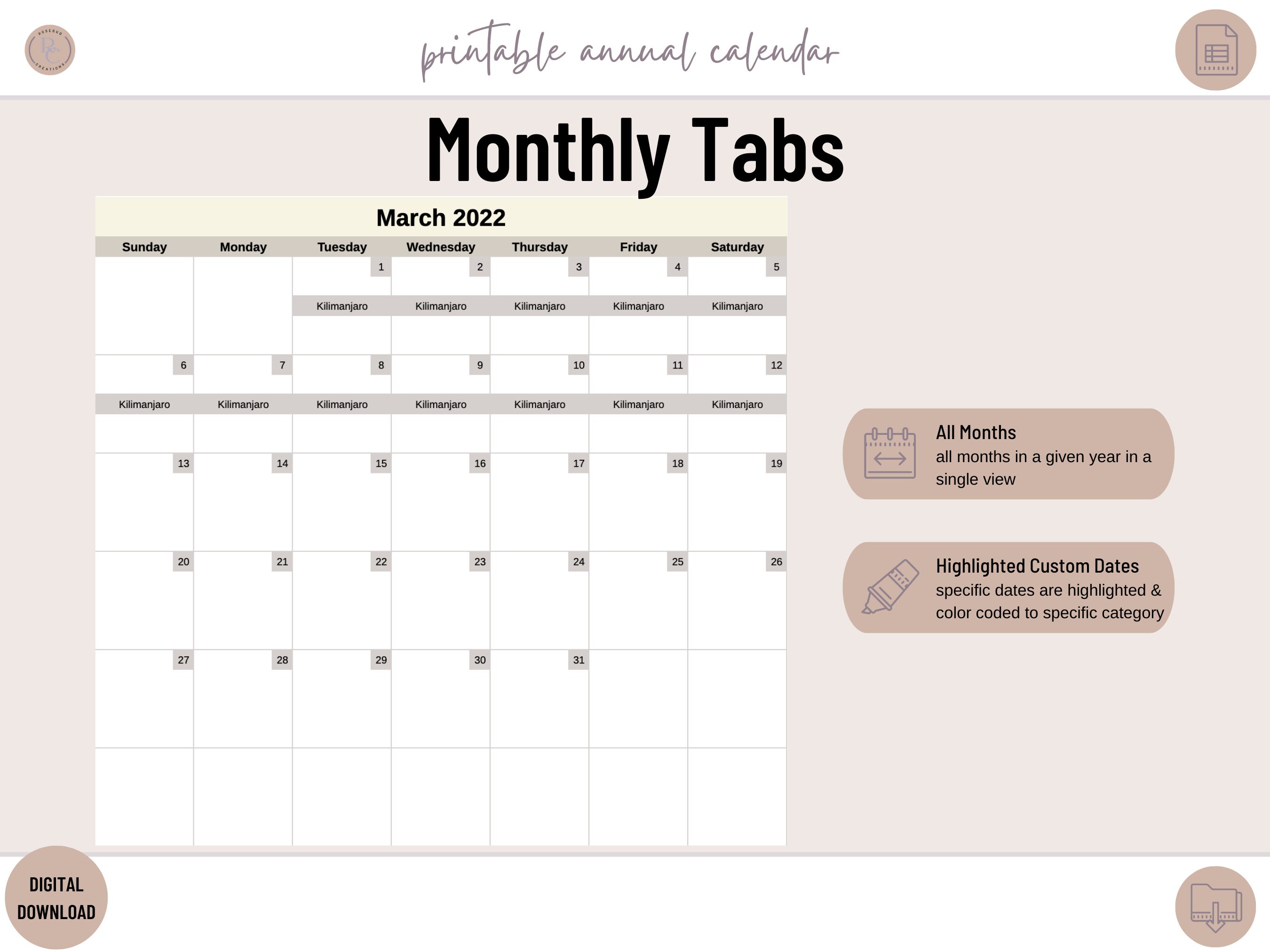 Annual Calendar Template Google Sheets Template Printable Calendar - Etsy