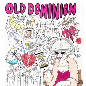 Puede incluir: Ilustración dibujada a mano con el texto "OLD DOMINION" en rosa. La obra de arte incluye a una mujer con gafas de sol y una estola de piel, rodeada de elementos musicales y country, incluyendo un corazón roto y las palabras "MUSIC CITY".