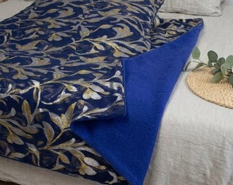 Luxury Boiled Wool and Silk Divorée Satin Blanket | Royal Blue, Gold, and Silver Bedspread | Handmade to Order