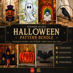 May include: A digital Stained Glass Halloween Pattern Bundle featuring seven designs including a pumpkin in a top hat, a ghost, a rainbow ghost, a crow, a haunted house, a pumpkin, and a bat. The text reads Stained Glass Halloween Pattern Bundle.