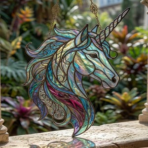 Patrón de vidriera de unicornio en PDF, plantilla de atrapasoles arcoíris, decoración de ventanas de fantasía para hacer tú mismo, descarga digital.