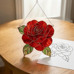 Gör-det-själv rosmönster i målat glas, digital nedladdning av blomsolfångare i PDF-format, specialanpassat glasarbete
