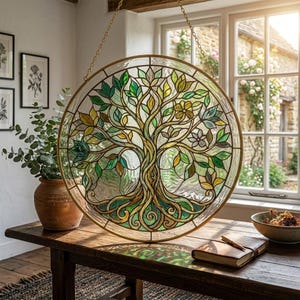 Könnte beinhalten: Ein rundes Buntglasfenster mit einem Baumdesign mit grünen, gelben und braunen Blättern und Ästen. Das Fenster ist goldfarben gerahmt und hängt an einer Kette. Ein dekoratives Element für das Zuhause.