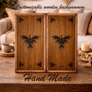 Personalizable Wooden Backgammon Set, Handmade, Phoenix Design, Custom Made, Corporate and Personal Gift