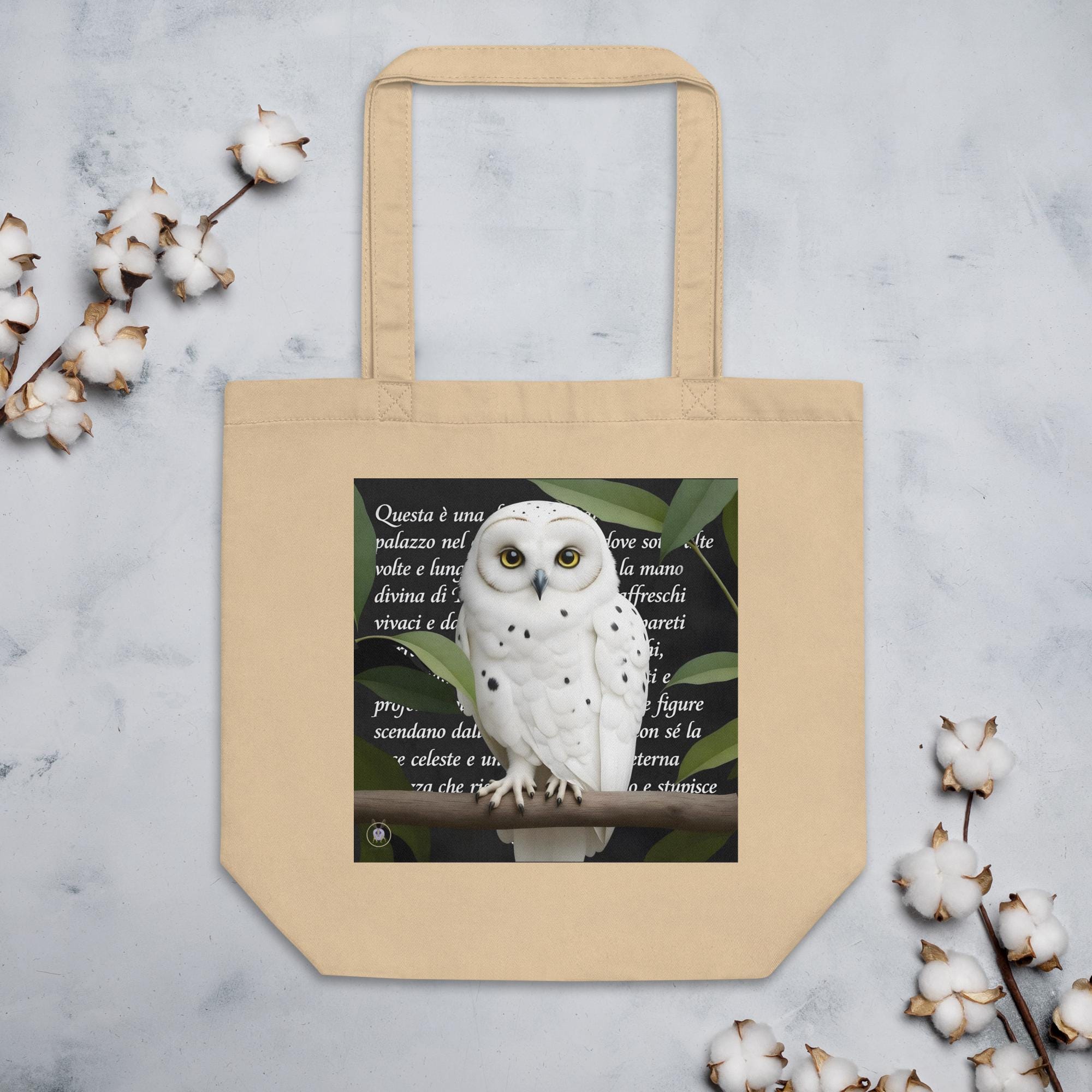 Snowy Owl Italian Poetry Organic Cotton Tote Bag &ndash; Nature Lover Eco-Friendly Canvas Bag