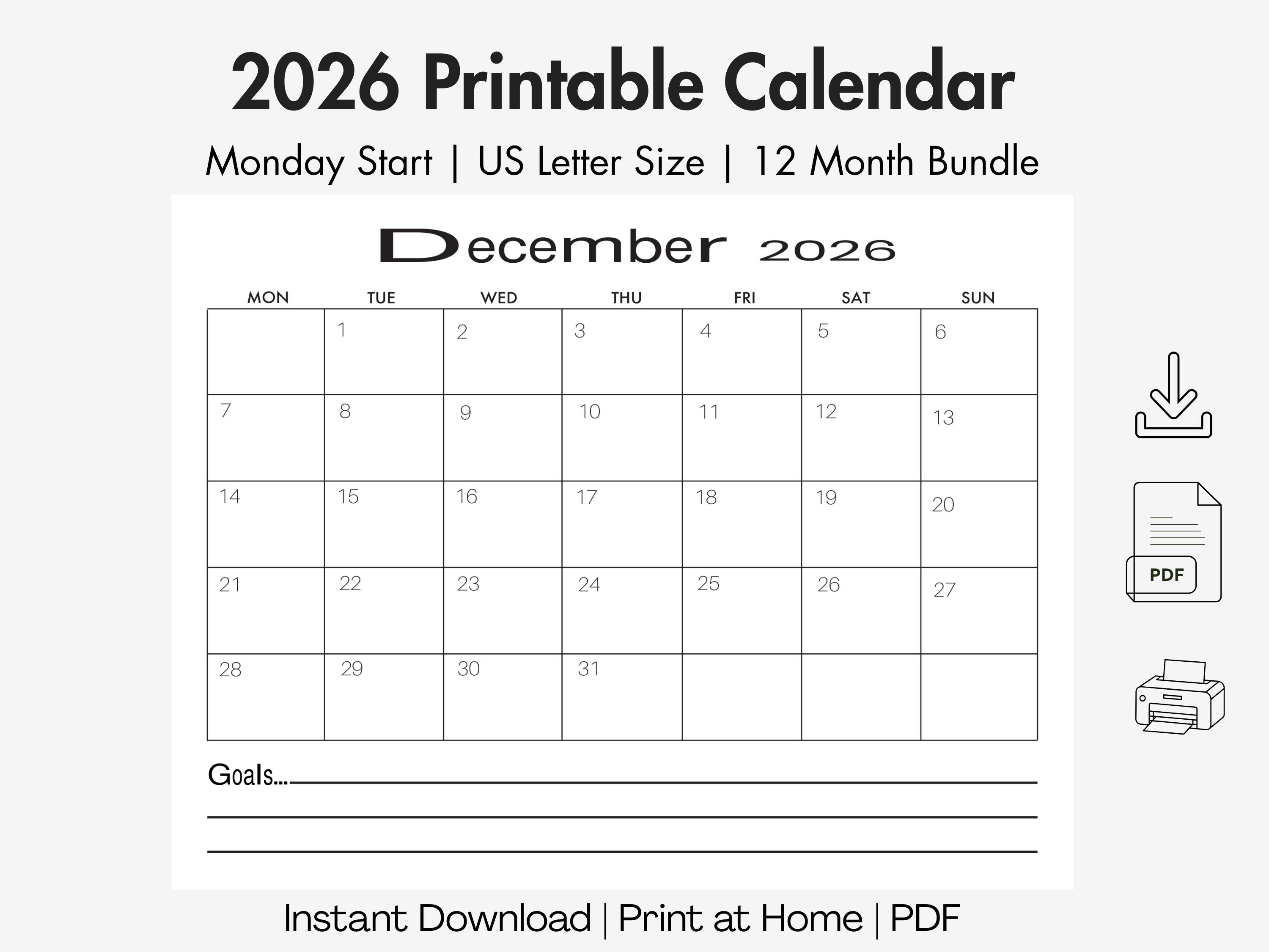 2026 Monthly Calendar Printable Minimalist Planner PDF Landscape Wall ...