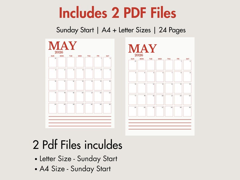2026 Monthly Calendar Printable Sunday Start Minimalist Planner |yearly ...