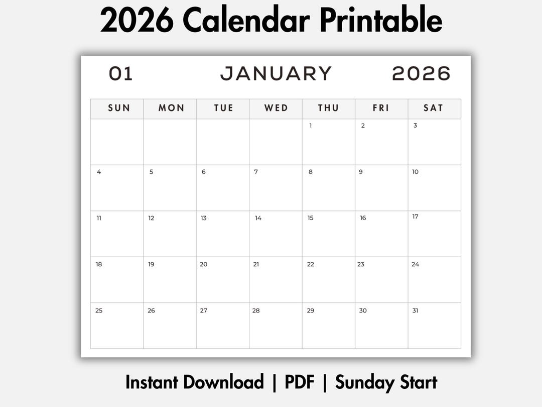 2026 Calendar Printable PDF | Sunday Start | Minimalist Monthly Planner ...