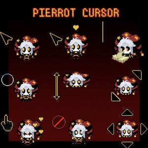 May include: A pixel art set titled PIERROT CURSOR featuring a character with white hair and a red and black jester hat. The character is depicted in various poses corresponding to computer cursor icons, including arrows, a hand, and symbols.