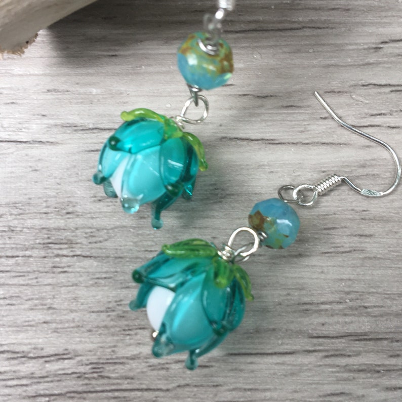 Lampwork Bell Flower Dangles Nature Jewelry Aqua Turquoise Flower Earrings Gift for Her