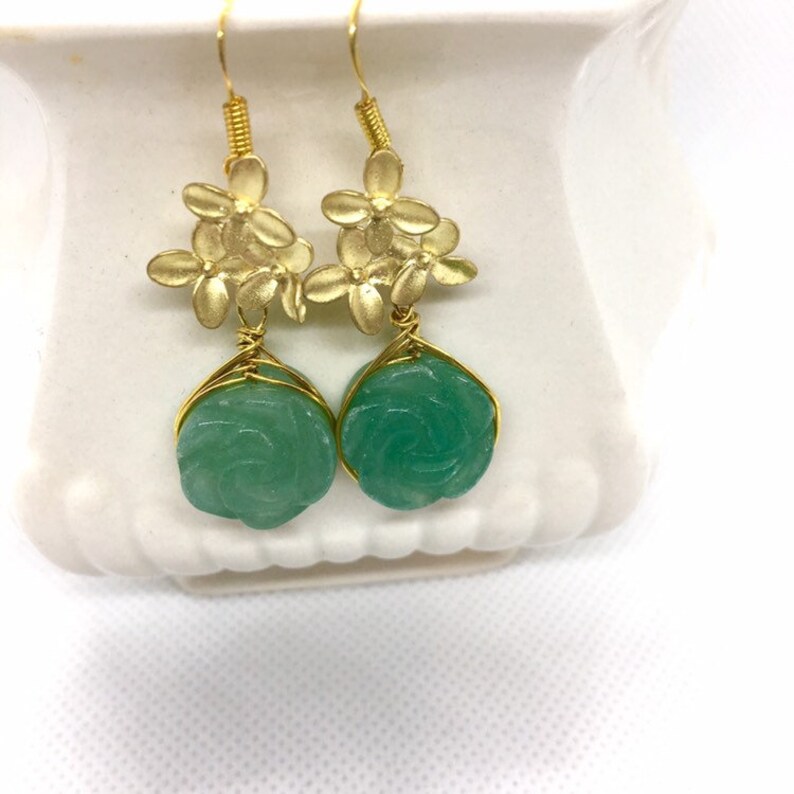 Golden and Green Earrings Gemstone roses dangles flower earrings Easter St Patrick Day Green Aventurine Earrings