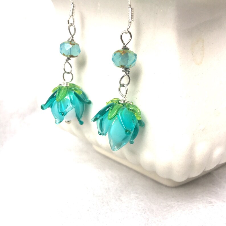 Lampwork Bell Flower Dangles Nature Jewelry Aqua Turquoise Flower Earrings Gift for Her