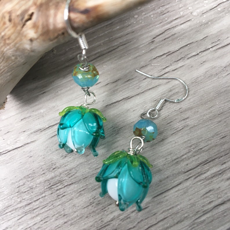 Lampwork Bell Flower Dangles Nature Jewelry Aqua Turquoise Flower Earrings Gift for Her