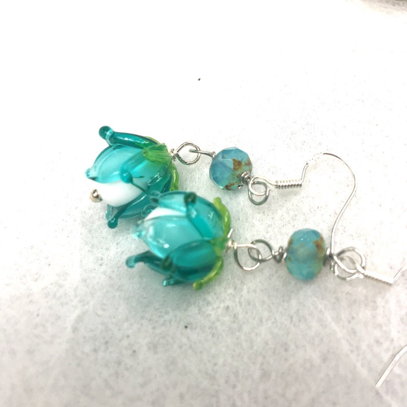 Lampwork Bell Flower Dangles Nature Jewelry Aqua Turquoise Flower Earrings Gift for Her