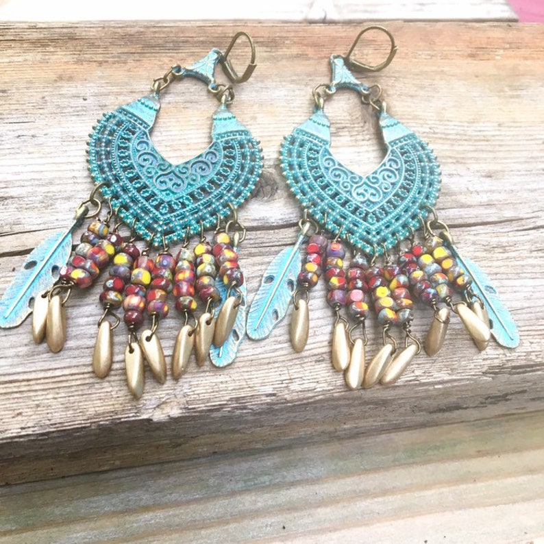 Large Gypsy Earrings\\ Exotic Boho Chic Jewelry \\ Turquoise Green Chandeliers \\ Colorful Gypsy Earrings \\Gift for her\\