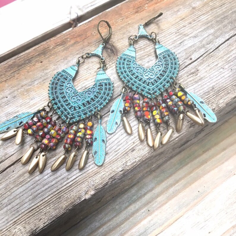 Large Gypsy Earrings\\ Exotic Boho Chic Jewelry \\ Turquoise Green Chandeliers \\ Colorful Gypsy Earrings \\Gift for her\\